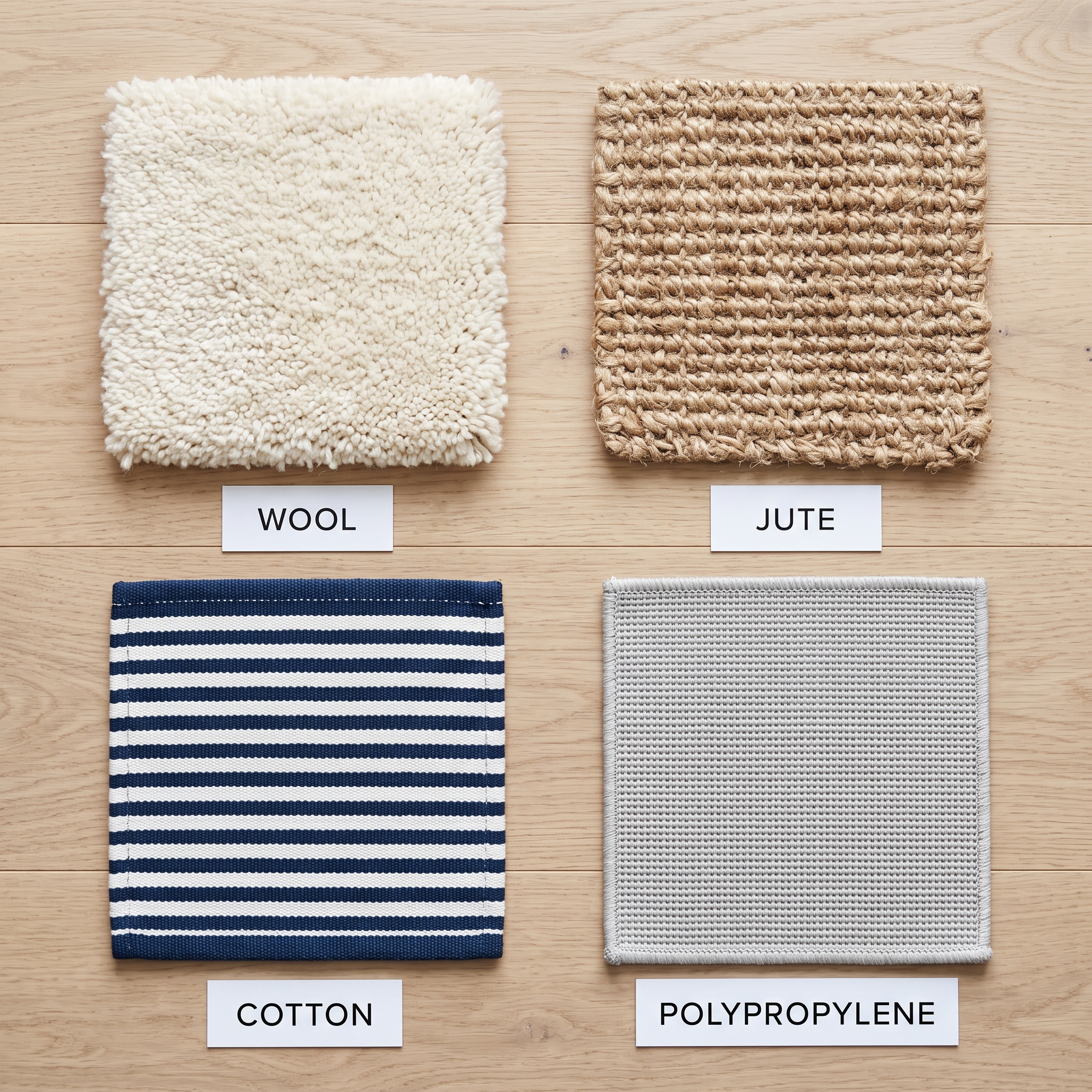 Rug fiber samples of wool, jute, striped cotton and polypropylene side by side on a white oak floor